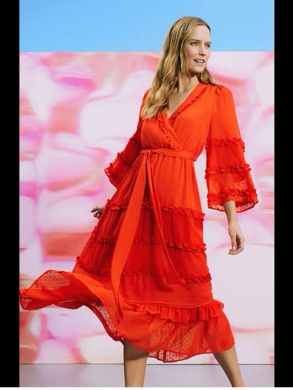 Red Ruffle Wrap Midi Dress - Women